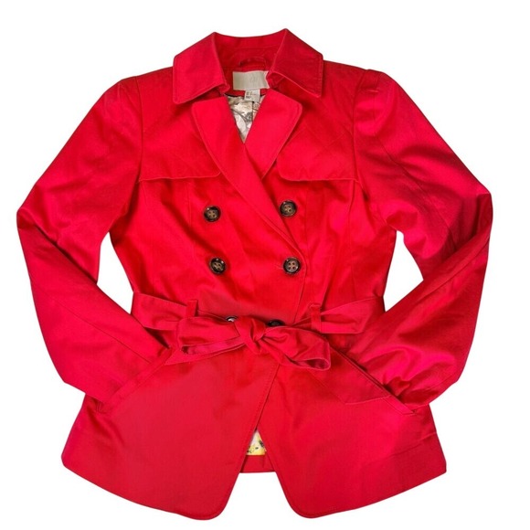 H&M Jackets & Blazers - H&M Womens Red Short Trench Coat Jacket Size 2 Double Breasted Belted Waist Chic